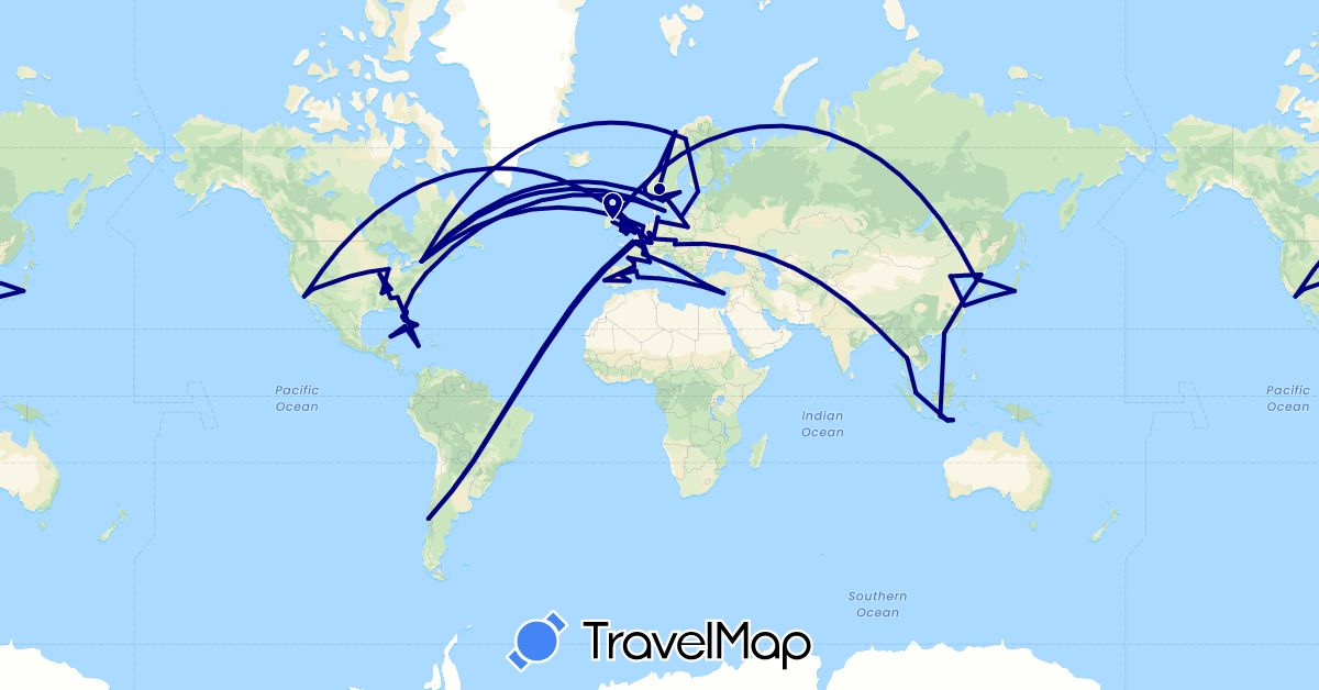 TravelMap itinerary: driving in Andorra, Austria, Belgium, Bahamas, Chile, China, Cyprus, Czech Republic, Germany, Denmark, Estonia, Spain, France, United Kingdom, Greece, Hong Kong, Indonesia, Ireland, Jamaica, Japan, North Korea, Luxembourg, Mexico, Netherlands, Norway, Poland, Portugal, Sweden, Singapore, Thailand, United States (Asia, Europe, North America, South America)